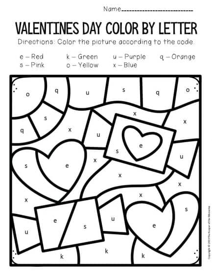 Color by Lowercase Letter Valentine's Day Preschool Worksheets